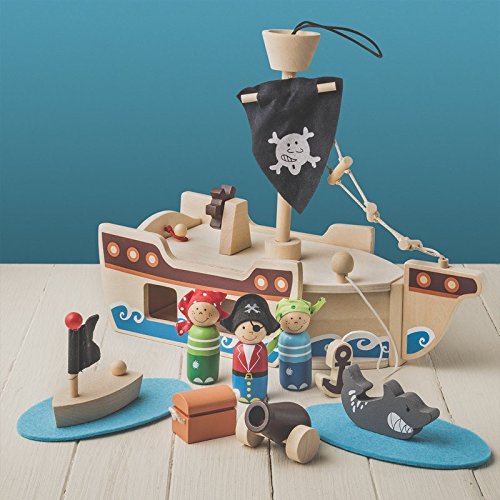 Tobar Piratenschiff aus Holz mit Anker und Segel (32 cm lang, zehnteiliges Spielset)