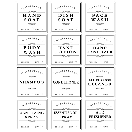 White Waterproof Soap Labels for Plastic/Glass Bottles Bathroom/Kitchen Hand Soap Dispenser Label Stickers Removable Cleaning Bottle Labels for Soap Lotion Shampoo Conditioner 12Pack (White)