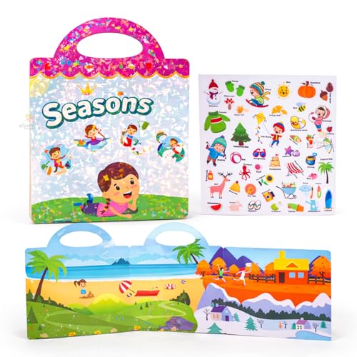 Image of Wishkey Reusable Jelly Sticker Book for Kids 46 Pcs Seasons Theme Waterproof Double-Sided Activity Book Educational Learning Toy with Spring Summer Winter Autumn Scenes Travel Friendly 2+ Years