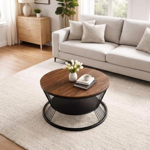 Image of EDEUEQUE Modern Coffee Table Round Simple Coffee Tables with Storage Shelf with 1-Tier Storage Shelves, Center Table Minimalist Cocktail Table for Living Room, Office Black Brown