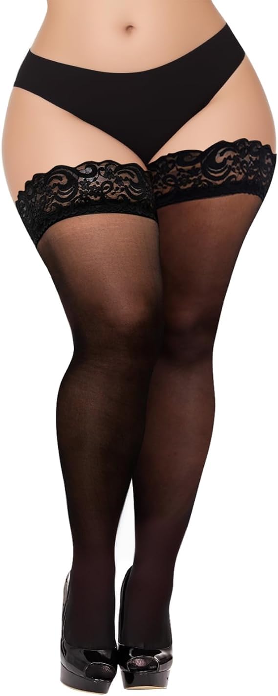 YOGINGO Sheer Lace Top Thigh High Stockings for Women - Silicone Bands Hold Up Lingerie Elegant and Comfortable(1 pair)