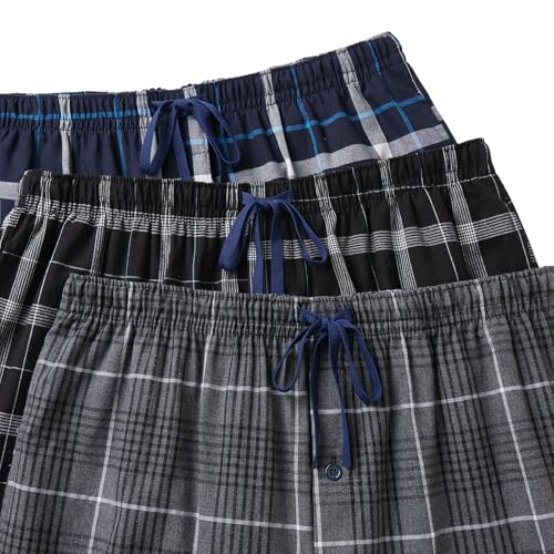 Image of JupiterSecret Mens Pajama Pants Set Cotton Lightweight Plaid Sleep & Lounge 3-Pack PJ Bottoms with Pockets and Button Fly