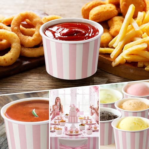 Image of Zopeal 50 Count Light Pink Striped Ice Cream Cups Disposable Dessert Bowls | 9 oz Paper Ice Cream Bowls, Birthday Party Supplies, Snack Cups Sundae Picnic Yogurt Bowls for Food
