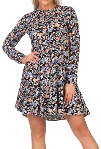 Hailys Damen Viskose Langarm-Kleid La44ura Minikleid mit Blumenprint SN-PO2301016 Black Flower XXL