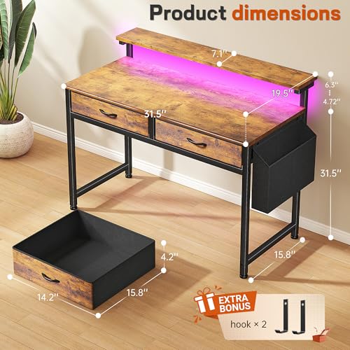 Image of Gaming Desk with LED Lights with 2 Drawers, 31 Inch Desk Home Office Desk Computer Desk with Side Pocket & Ergonomic Monitor Stand, Small Space Study Writing Table with Anti-Tip Design, Rustic Brown