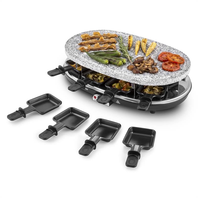 Klarstein Appareil a Raclette, Machine a Raclette avec Pierrade de 1500W, Gril en Pierre Naturelle, Appareil Rotatif et Ajustable pour 8 Personnes, Poelon Service Complet à
