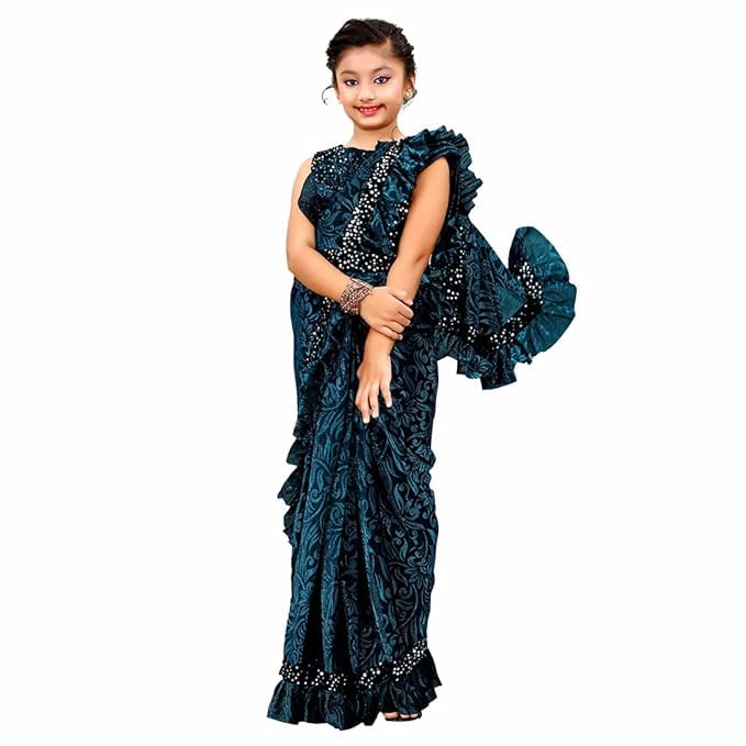 Kids Girls Lycra Blend Ready To Wear Saree With Sequence Blouse Piece (3-4 yrs to 11-12 yrs) (Rama, 4-5 Years - S)-image-41