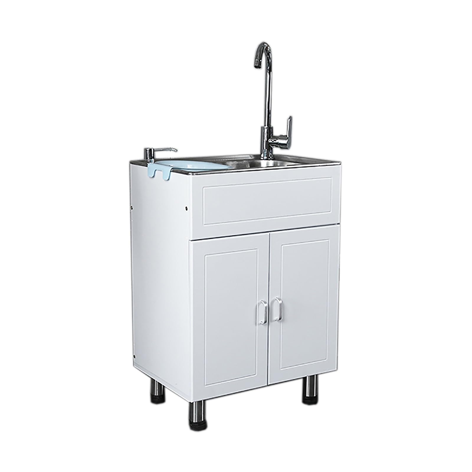 Commercial Utility Sink with Cabinet and Drainer Unit for Garage, Restaurant, Kitchen, Laundry Room - Single Bowl Sink with Cold and Hot Faucet