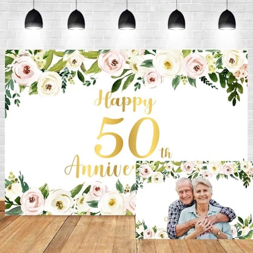 Toile de fond fleurs vertes feuilles dorées anniversaire mariage 1,5m