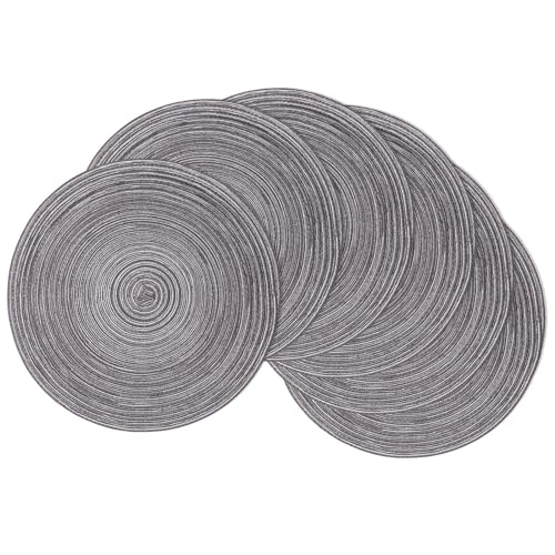 Image of SHACOS Round Braided Placemats Set of 6 Round Table Mats 15 inch Cotton Washable for Holiday Party (Black Gray, 6)