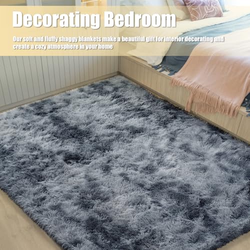 Shag Area Rug for Bedroom 3x5,Tie-Dyed Black Fluffy Area Rugs for Living Room,Soft Fuzzy Rug Non-Shedding Indoor Plush Carpet for Kids Bedroom Nursery Dorm Home Decor