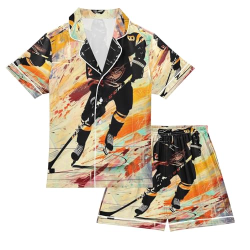 ALAZA Ice Hockey Player Oil Painting Satin Pajamas Set Short Sleeve Button Down Sleepwear Summer Pjs 2 Piece