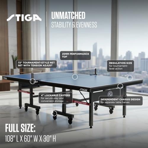 Image of STIGA Advantage Series Indoor Ping Pong Table, Foldable Table Tennis Table - 13, 15, 18, and 25mm Tabletops - Quickplay 10 Minute Assembly - Playback Mode - Recreational- to Tournament-Level