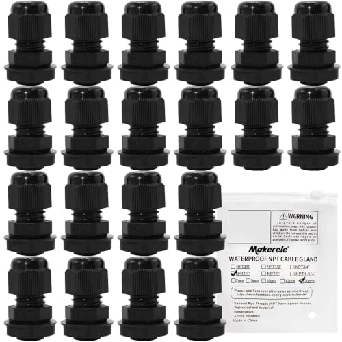 Image of MAKERELE NPT 1 /4 inch Cable Glands IP68 Waterproof Strain Relief Cord Connector | 1 /4 Inch 20PC, Grey Nylon Plastic Connectors, Adjustable 3-6.5mm Cord Grip Gland, for Electrical Junction Box