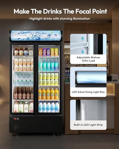 Image of 25 cu.ft Commercial Refrigerators, Beverage Cooler with LED Light, Drink Merchandiser with 8 Adjustable Shelves, 2 Glass Doors, Digital Control, ETL Certified, 32-50FF