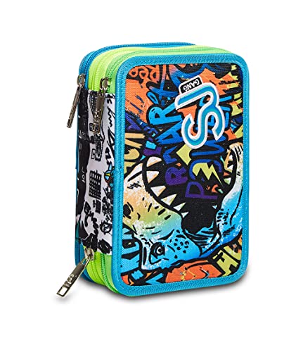 SJ Gang Astuccio Scuola 3 Zip. Azzurro Verde, Flip-3D Da SJ Boy, Portapenne Triplo Scomparto Completo Di Penne, Matite e Colori, Accessori Zaino Scuola Elementare, Bambino