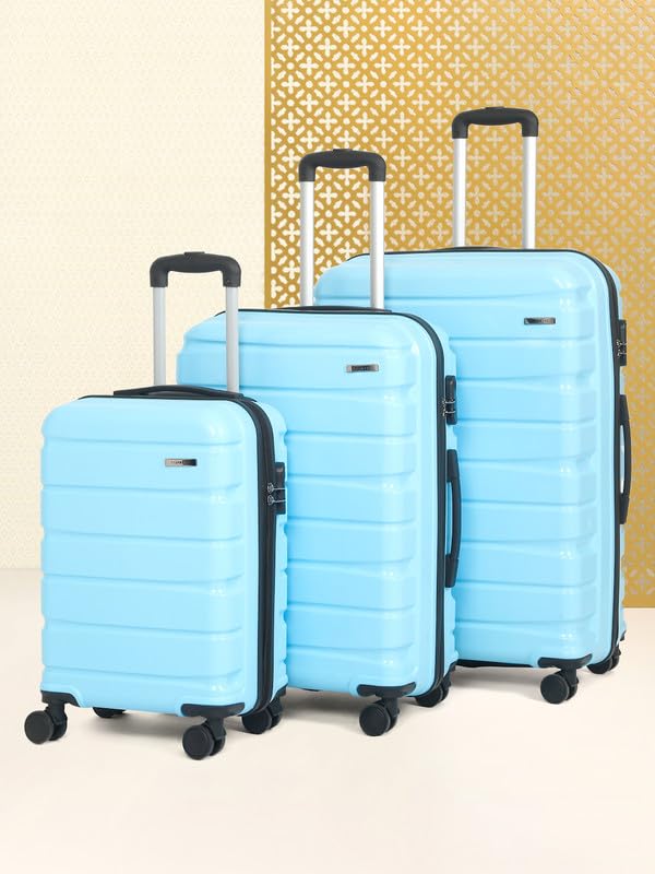 Image of Teakwood Small-Medium-Large 8 Wheels Trolley Bag, Hard Cabin with Zipper Closure, Adjustable Push Button & Cross Side Strap, TSA Lock System 360 Degree (Set of 3, Sky Blue)