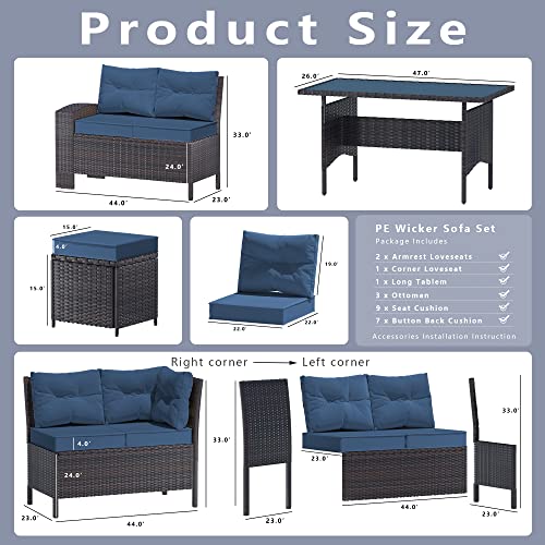 Rtdtd Outdoor Patio Furniture Set,7 Pieces Outdoor Sectional Dining Set,All Weather Pe Rattan Patio Dining Furniture Set,High-Back Outdoor Furniture With High Table&Ottoman,Dark Blue #TOP3