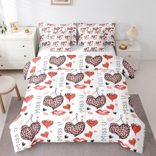Image of 7 Pcs Leopard Print Heart King Bedding Sets Love Theme Romantic Style Comforter Set Red Heart Lady Lip Kiss Bed in a Bag with Comforter,Flat&Fitted Sheet,2 Pillowcases,2 Throw Pillow Covers