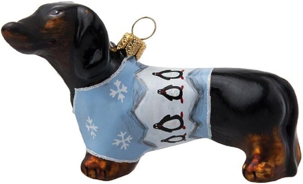 Joy To The World Dachshund in Penguin Christmas Pajamas Polish Glass Ornament