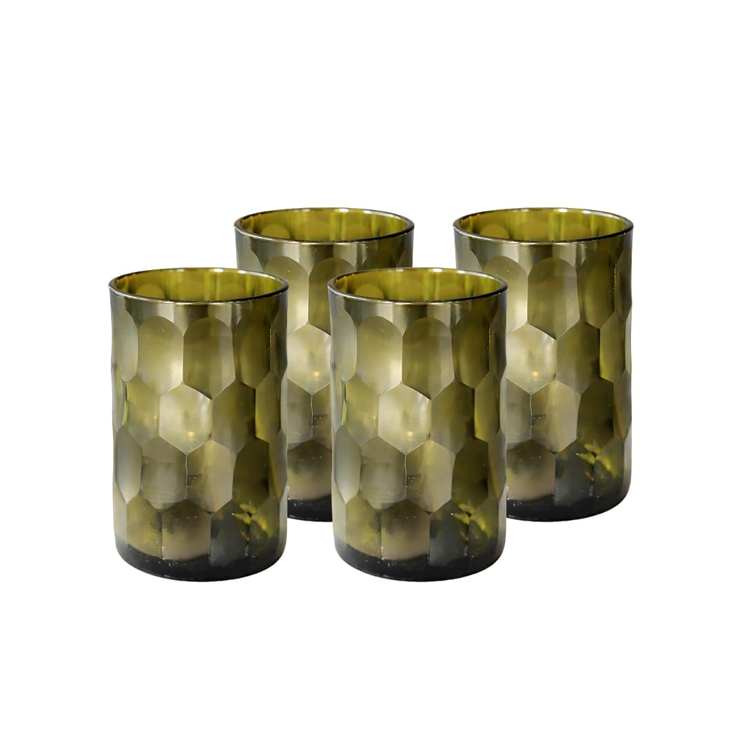 IWAS Upcycled Large Honeycomb Textured Drinking Glasses, Tall 13.53 OZ / 400 ML, Set of 4 Olive Green Glasses, Handcrafted Sustainable Glassware