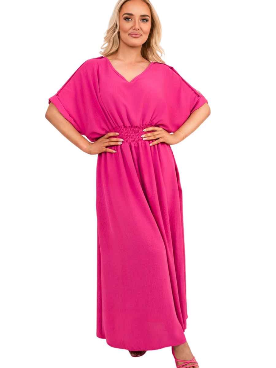 Ikrush Women's Fuchsia Zamara V Neck Short Sleeve Maxi Dress With Button Detail In | Size: Small/Medium