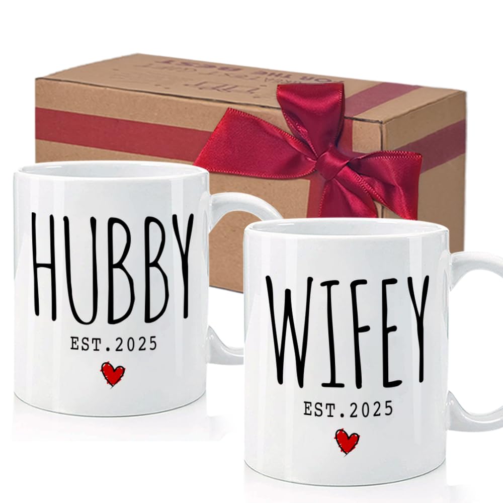 Est 2025 Hubby and Wifey Coffee Mug, Mr & Mrs Gifts Couple Mug, Wedding Mug Gift for Couples, Newlywed Mug Gifts for Couples, Unique Bridal Shower Gifts for Bride and Groom 11Oz