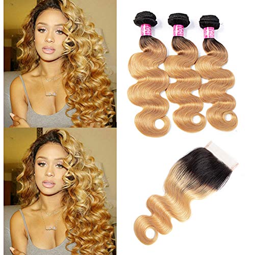 Brazilian Virgin Hair Body Wave Ombre Bundles With Closure Free Part T1B/27 Blonde Ombre 3 Bundles With 4x4 Lace Closure Hair Extensions Alina Hair (12 14 16 +10closure, T1B/27-Body Wave)