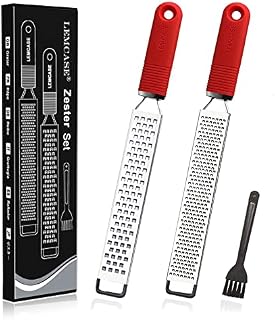 LEMCASE Lemon Zester and Cheese Grater - Citrus, Parmesan, Chocolate, Nutmeg, Garlic, Ginger - Silicone Handle and Stainless Steel Blades with Protective Cover | Red (2 Piece Set)