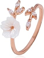 Vista 1 de Anillo de doble hoja de oro de 18 quilates, anillo de apertura de flor de concha blanca, anillo de apertura de flor de circón, anillo de dedo