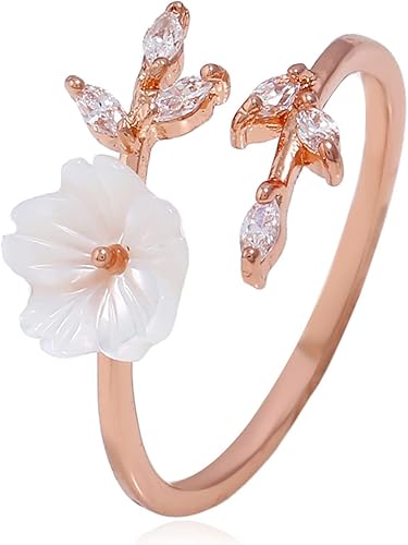 Anillo de doble hoja de oro de 18 quilates, anillo de apertura de flor de concha blanca, anillo de apertura de flor de circón, anillo de dedo de