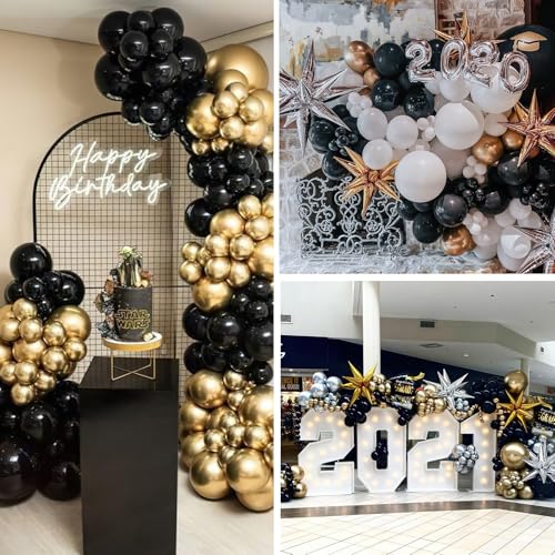 Image of PartyWoo Black and Gold Balloon Arch Kit Garland 140pcs Different Sizes of 18 12 10 5 Inch Black Metallic Gold Confetti 22 Inch Star Balloons for Graduation Birthday New Year's Eve Party Decorations