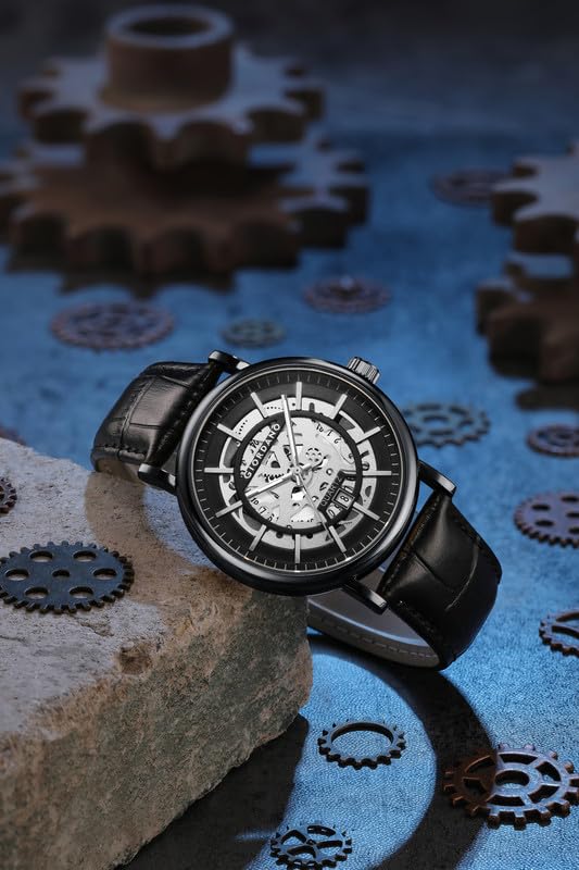 Image of Giordano Analog Quartz Watch for Men with Skeleton Round Dial, Date Function, Luminous Hands and Markers, Leather & Stainless Steel Strap - GZ-50182