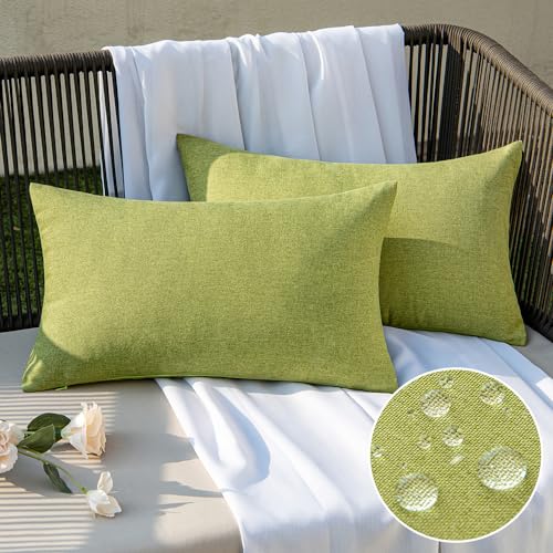 EMEMA Outdoor Throw Pillow Covers Decorative Farmhouse Rectangle Pillowcases Waterproof Cushion Covers Cases for Patio Couch Garden Sofa Home Living Room Set of 2 12×20 Inch Matcha Green