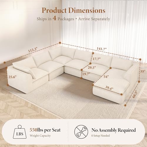 Image of Vesgantti 141.7 inch Oversized Sectional Boneless Couch, Modern 7 Seater Modular Sofa with Chaise, Deep Seat Convertible Plush Corduroy Cloud Couches for Living Room, No Assembly Required, Beige