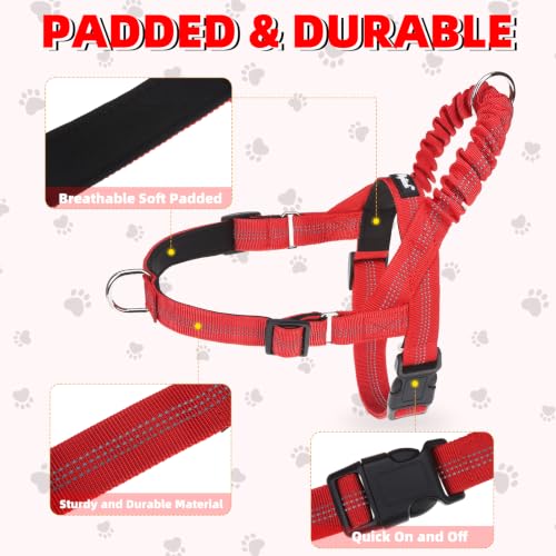 Image of PUPTECK No Pull Dog Harness for Large Dogs, Adjustable Reflective Pet Vest Harness with Bungee Handle, Escape Proof No Choke Harness for Large Dogs Walking Training, Red L