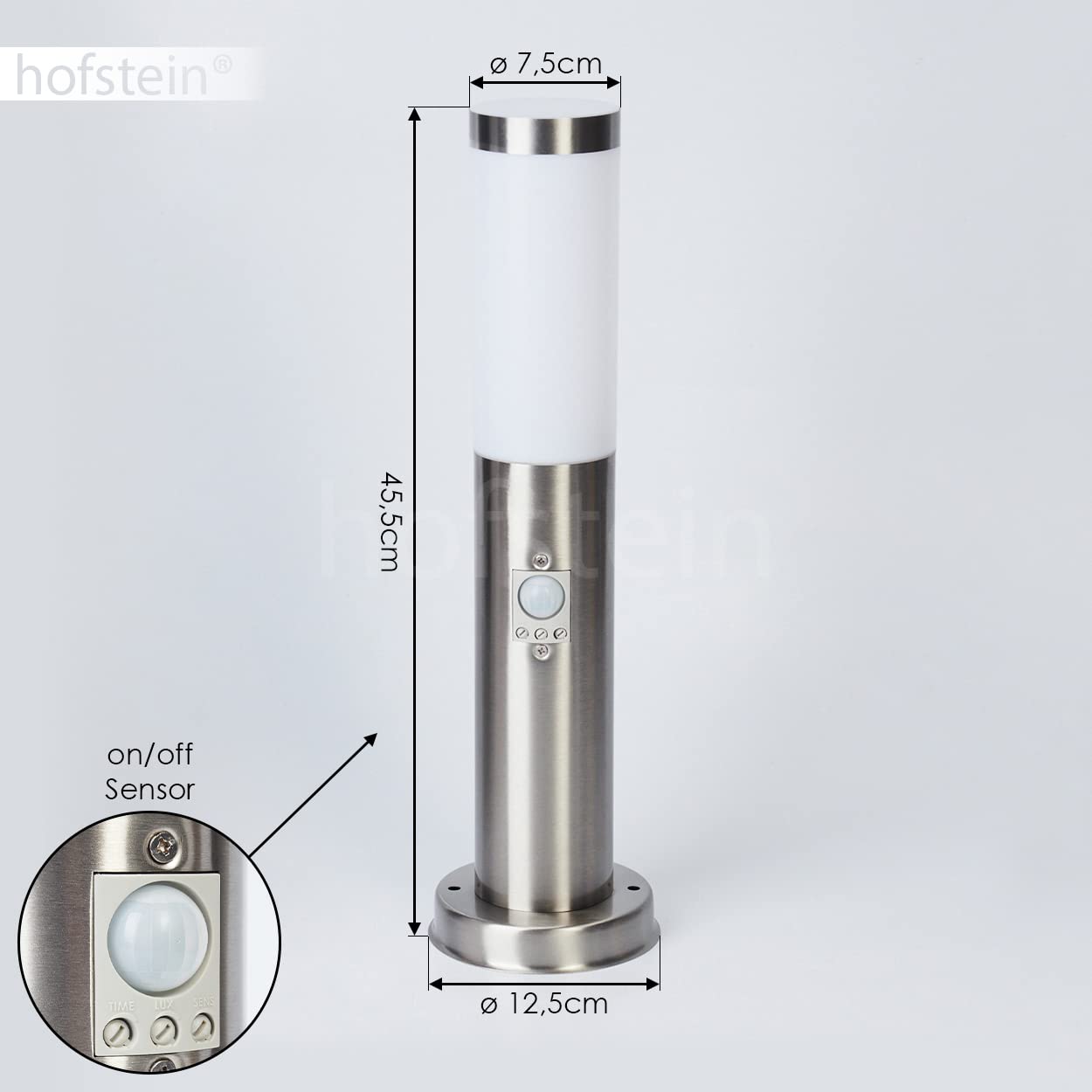 Zewnętrzna lampa na ścieżkę Sessa z czujnikiem ruchu, oprawa z metalu/tworzywa sztucznego w kolorze niklu matowego/białym, światło na ścieżkę 45,5cm, lampa ogrodowa w. E27, IP44, bez żarówki