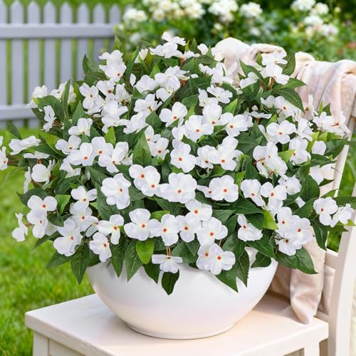 Image of Bassion 6 Bundles Artificial Flowers for Outdoors Fake Impatiens, White | UV resistant, silk flowers, no fade realistic faux plants, outside patio garden porch planters window box balcony home decor