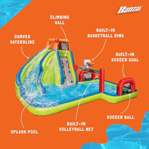image for Banzai Aqua Sports Splash Park Outdoor Inflatable Waterslide with Clim