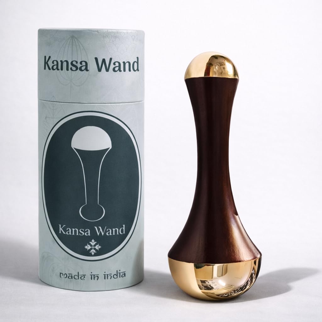 Vintageware® Face and Acupoint Kansa Wand Massager With Teak Wood Handle For Detoxification And Deep Relaxation, Both Side Kansa (Dark Brown, Large)
