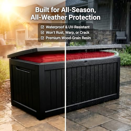 Image of Large 231 Gallon Resin Deck Box, Heavy Duty Lockable Patio Storage Box Outdoor, Waterproof Tool Box for Garden Furniture Cushions & Pool Supplies, Wood Grain Outdoor Storage Bench for Backyard