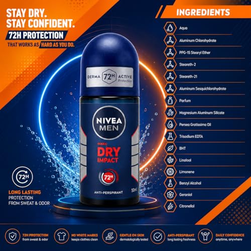 Image of Nivea Men Dry Impact 72H Anti-Perspirant Roll-On 50ml | Powerful Sweat Control & Odor Defense | Fresh Masculine Fragrance Daily Deodorant for Men