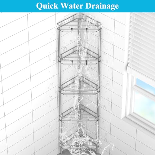 Image of HuggieGems 5 Tier Floor Standing Corner Shower Caddy Organizer Shelf with Hooks, Bathroom Shelves Stand Rack, Gray
