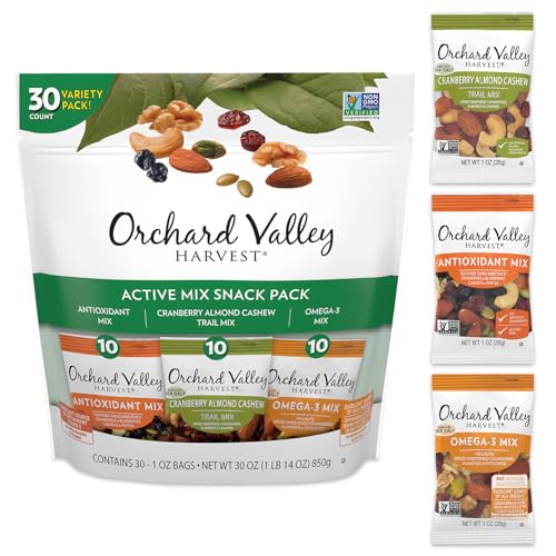 Orchard Valley Harvest Active Snack Pack Mix, 1oz Bags (Variety Pack of 30), Antioxidant Mix, Cranberry Almond Cashew, Omega-3 Trail Mix, Healthy Snacks for Adults and Kids, Gluten Free