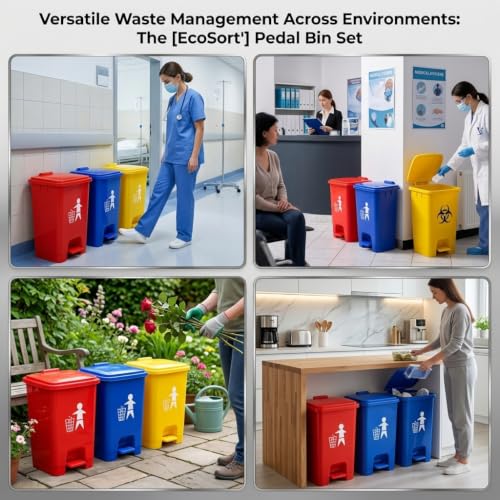 Image of Biomedical Waste Pedal Dustbin Set of 3 (10 LTR Each) | Color-Multi Color Coded Bins | Foot Operated | With Free Check Duster Cloth