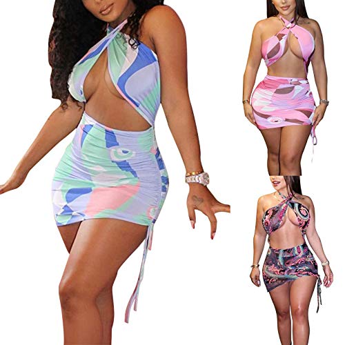 Sexy Halter Neck Sleeveless Backless Dress Bandage Cut Out Criss Cross Wrap Mini Dresses Y2K Club Party Night Streetwear(Tiedye-Blue,M) #TOP1