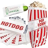 Super Fun, Grease-Proof Food Wrapper 150 Combo Pack. 50 Each Pickle, Hot Dog and Popcorn Durable Retro Bags. Snack Bag Trio for Party Favors or Treats. Great for Themed Parties, Carnival and Festival