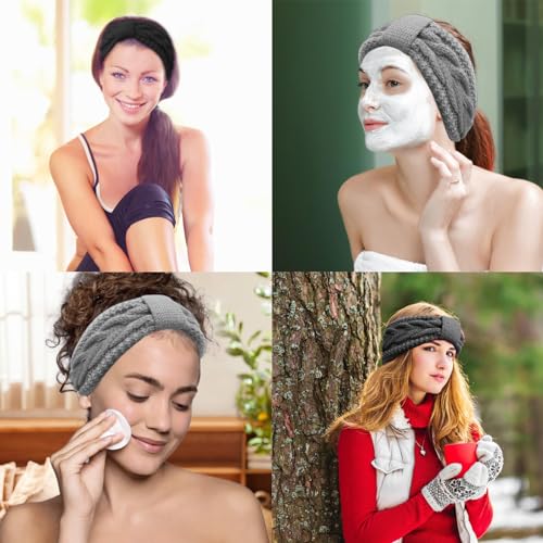 Impoditiongs 2 Pièces Bandeau Cheveux Femme Hiver, Hiver Serre-Tête Tricoté Oreille Réchauffeur, Bandeau Oreille Femme Avec doublure en peluche, Noir+Ggris – vue 7