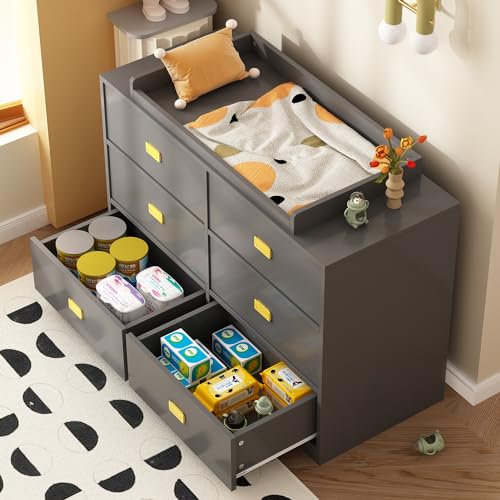 Image of FUFU&GAGA Large Modern Wood Nursery Storage Dresser Chest with Wide Table Top & 6 Drawers, Wide Storage Space Functional Organizer, Grey