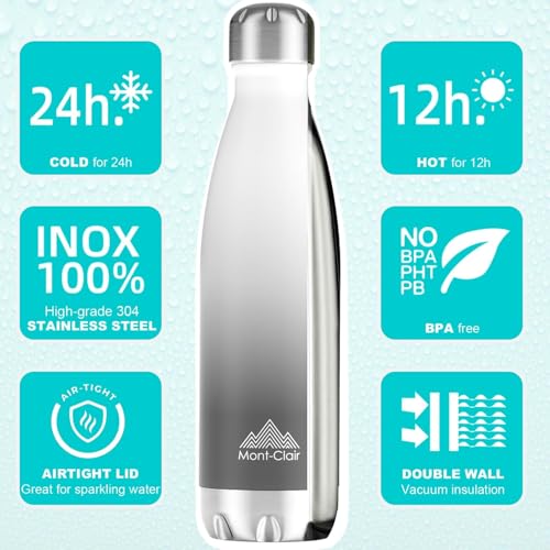 Image of Mont-Clair Stainless Steel Water Bottle, Vacuum insulated - BPA Free, 12h Hot & 24h Cold Drinks, Metal Water Bottle 17 oz Leakproof, Ideal for Adult, Kids, Running - Gradient - White & Grey